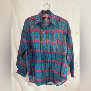VTG 100% Silk Turquoise Boho Button Down Men’s Size S